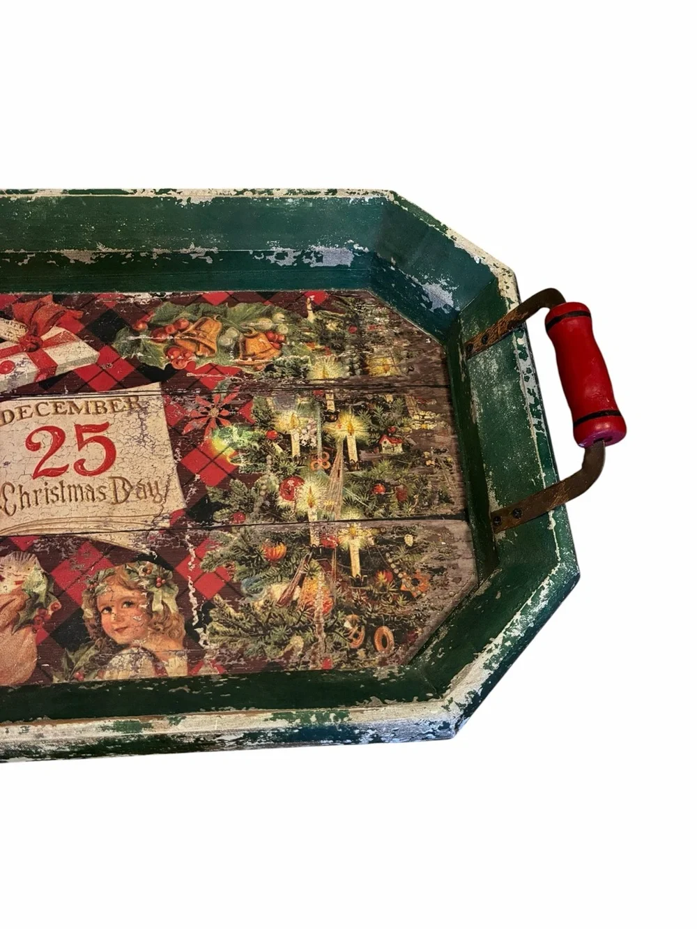 Vintage Style Old World Large Decorative Christmas Decoupage Serving Tray 2 ft